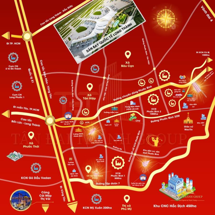 Sự tăng giá mạnh tại thị trường bất động sản Đồng Nai nói chung và huyện Long Thành nói riêng nhờ vào yếu tố xây dựng “siêu sân bay” Long Thành (Ảnh thiết kế bởi Tân Đại Thành)