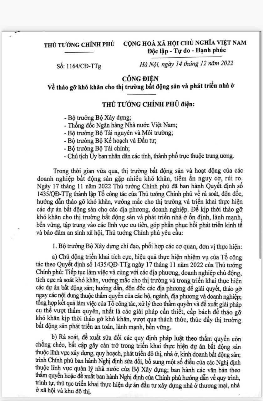 Nội dung của Công điện 1164CĐ-TTg tháo gỡ khó khăn cho thị trường bất động sản và phát triển nhà ở